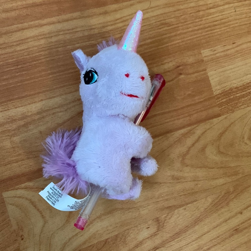 Small Purple Unicorn Plushie With Sparkly Pink Pen